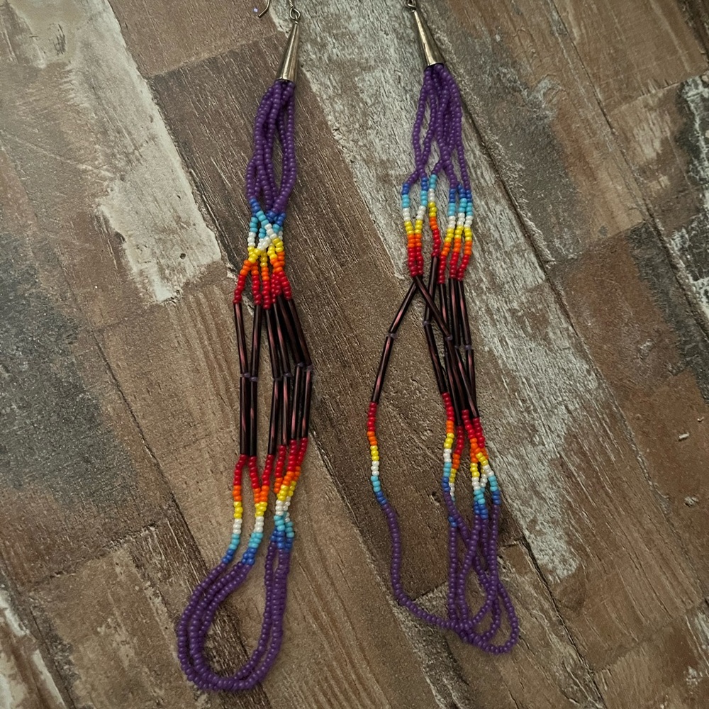 Long Native American Beaded Pow Wow Earrings